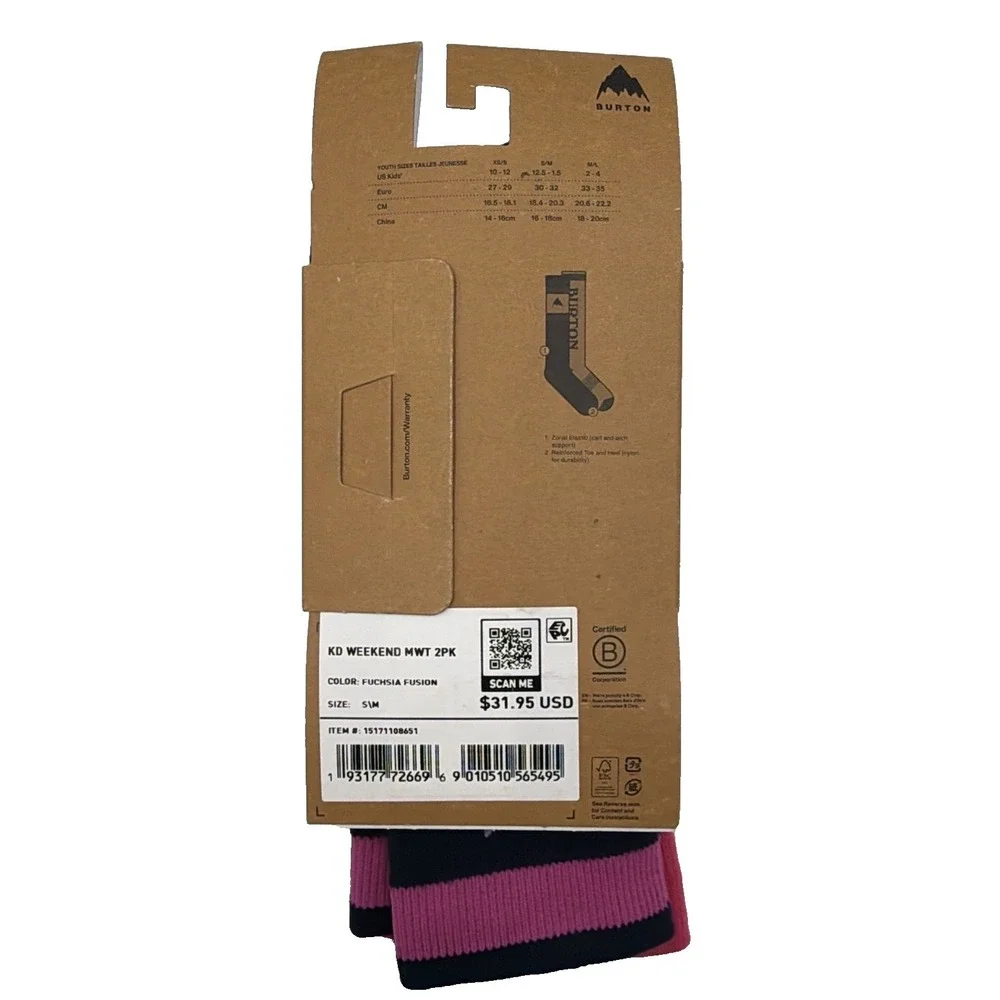2‎ Pair Burton Weekend Midweight Kids Small/Medium 12.5-1.5 Fuchsia Fusion Socks